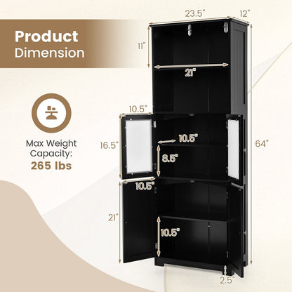 163cm Freestanding Bathroom Cabinet with Adjustable Shelves and 2 Compartments-Black