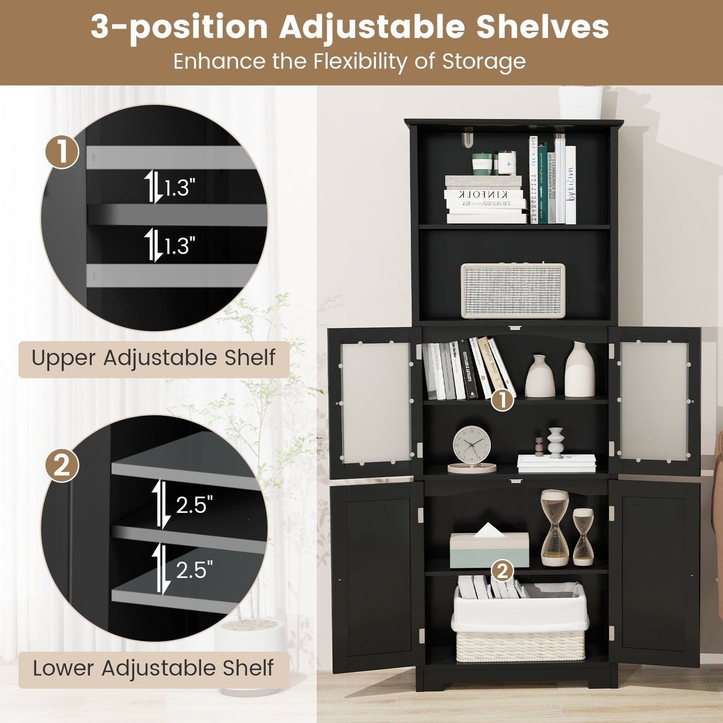163cm Freestanding Bathroom Cabinet with Adjustable Shelves and 2 Compartments-Black