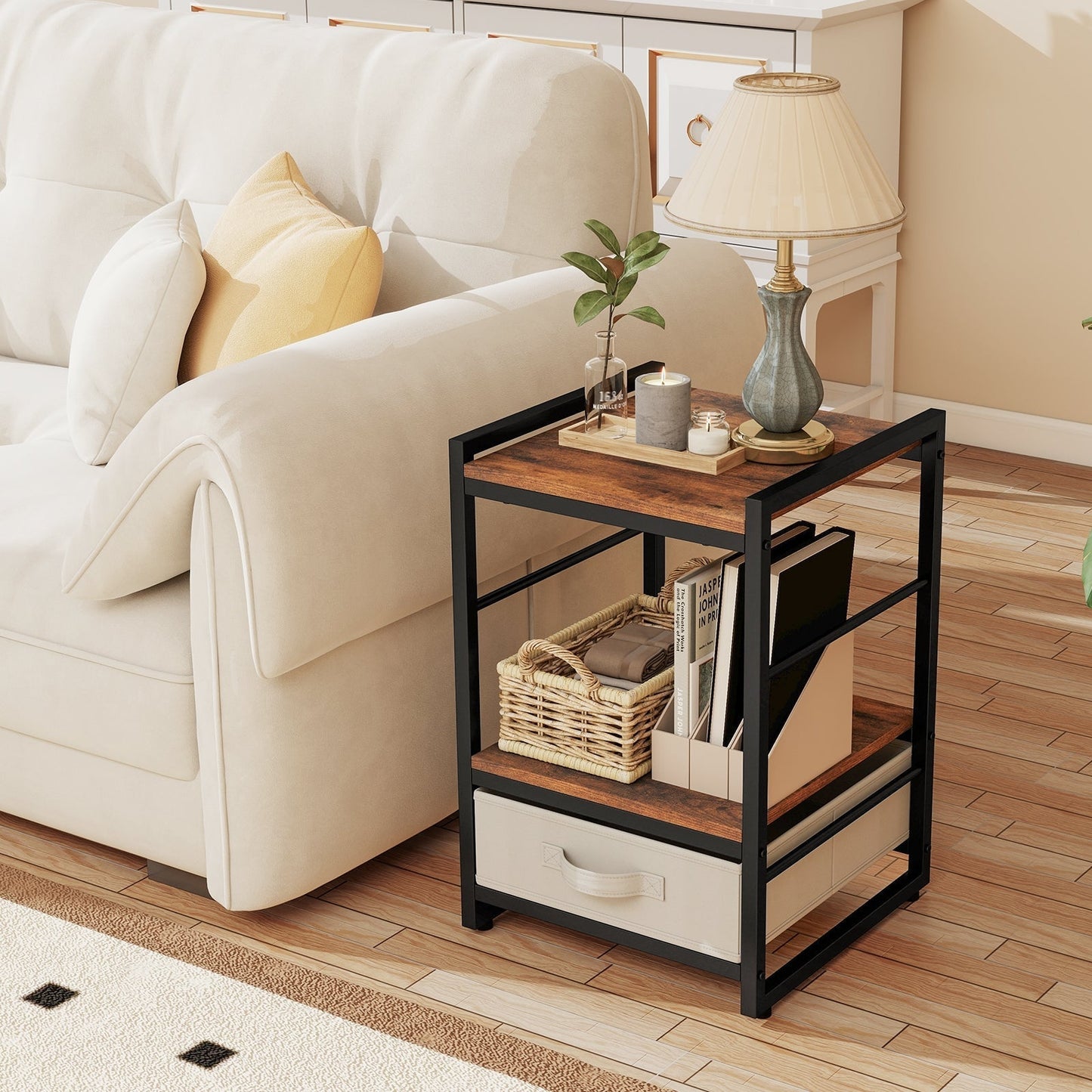 Bedside table with fabric drawer &amp; open storage compartment side table bedside table