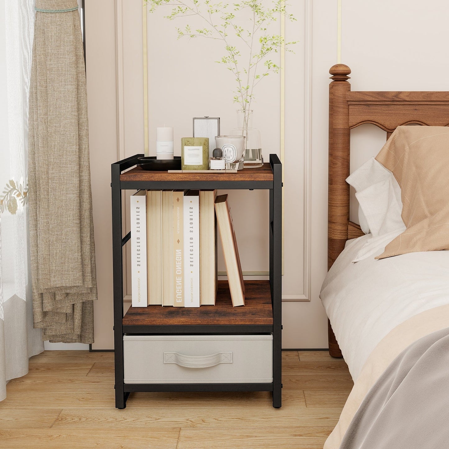 Bedside table with fabric drawer &amp; open storage compartment side table bedside table
