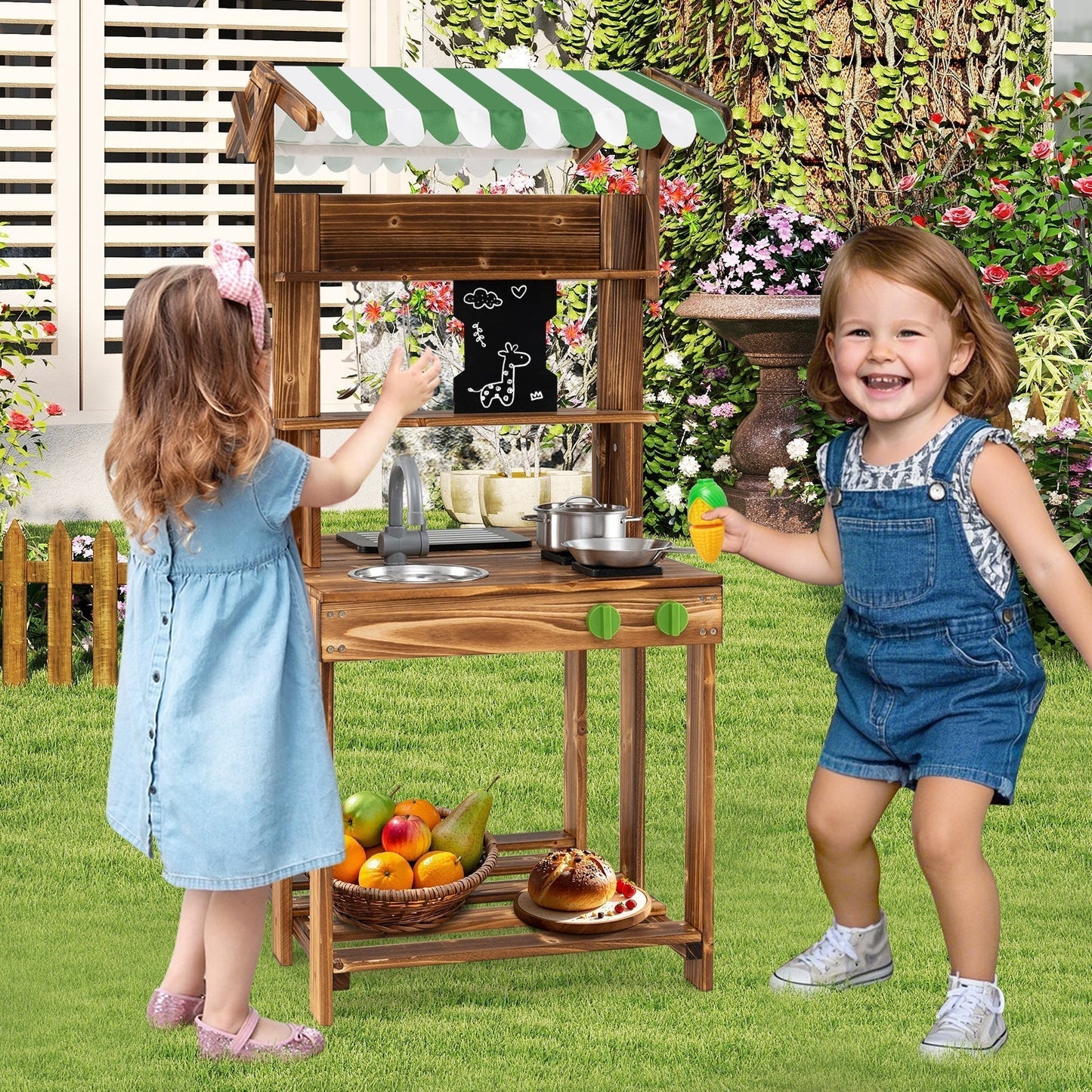Double-Sided Mud Kitchen Wooden Barbecue Grill Playset with Canopy-Natural