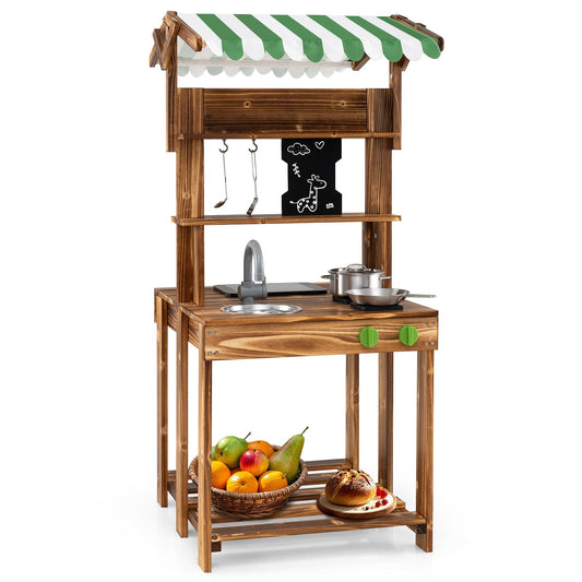 Double-Sided Mud Kitchen Wooden Barbecue Grill Playset with Canopy-Natural