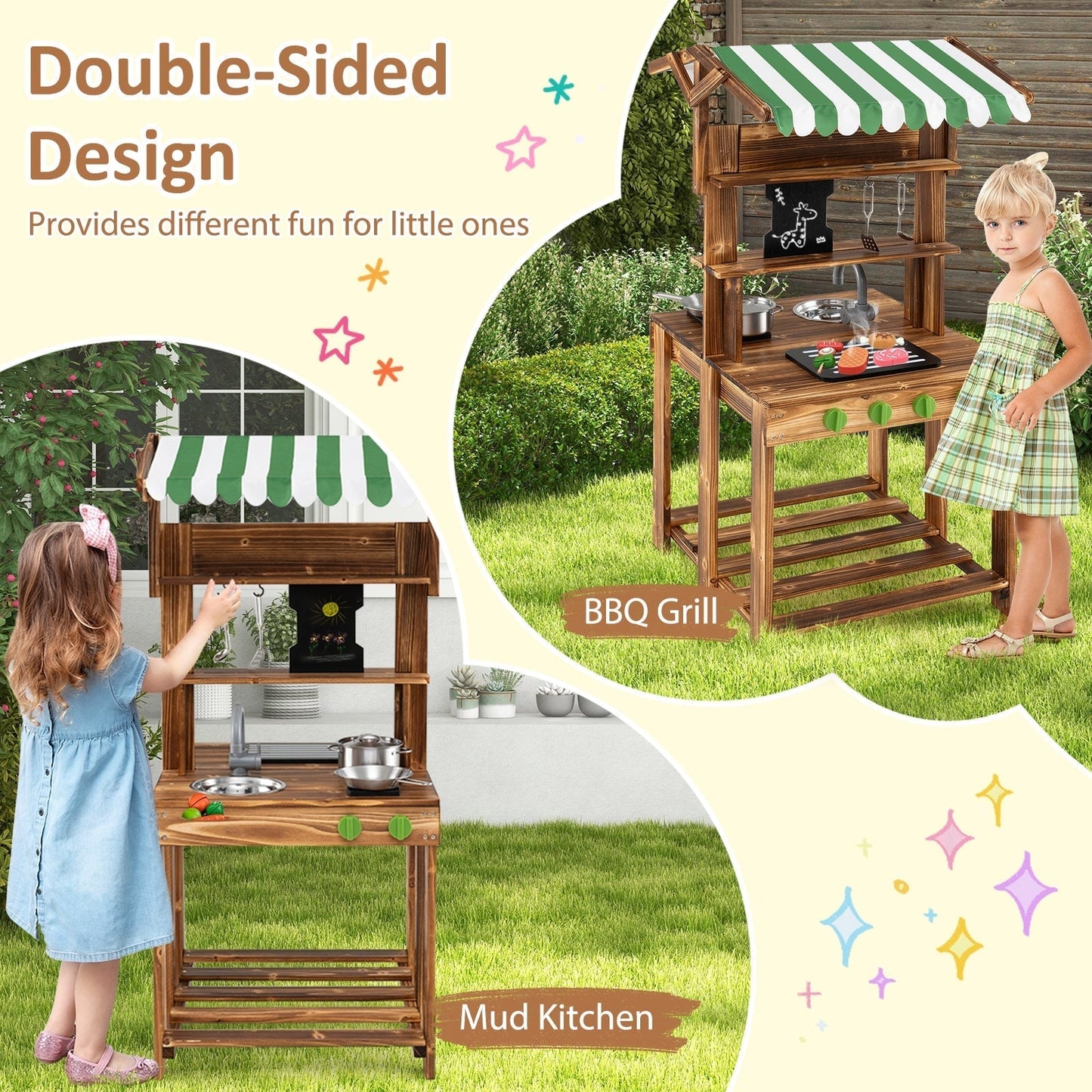 Double-Sided Mud Kitchen Wooden Barbecue Grill Playset with Canopy-Natural