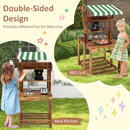Double-Sided Mud Kitchen Wooden Barbecue Grill Playset with Canopy-Natural