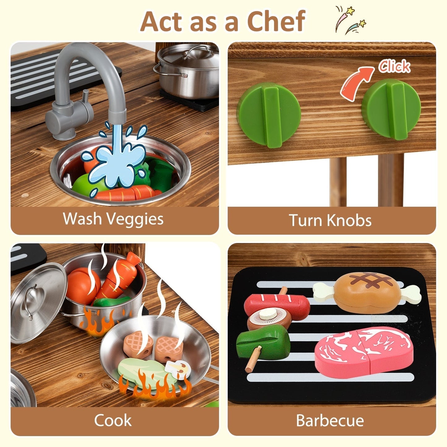 Double-Sided Mud Kitchen Wooden Barbecue Grill Playset with Canopy-Natural