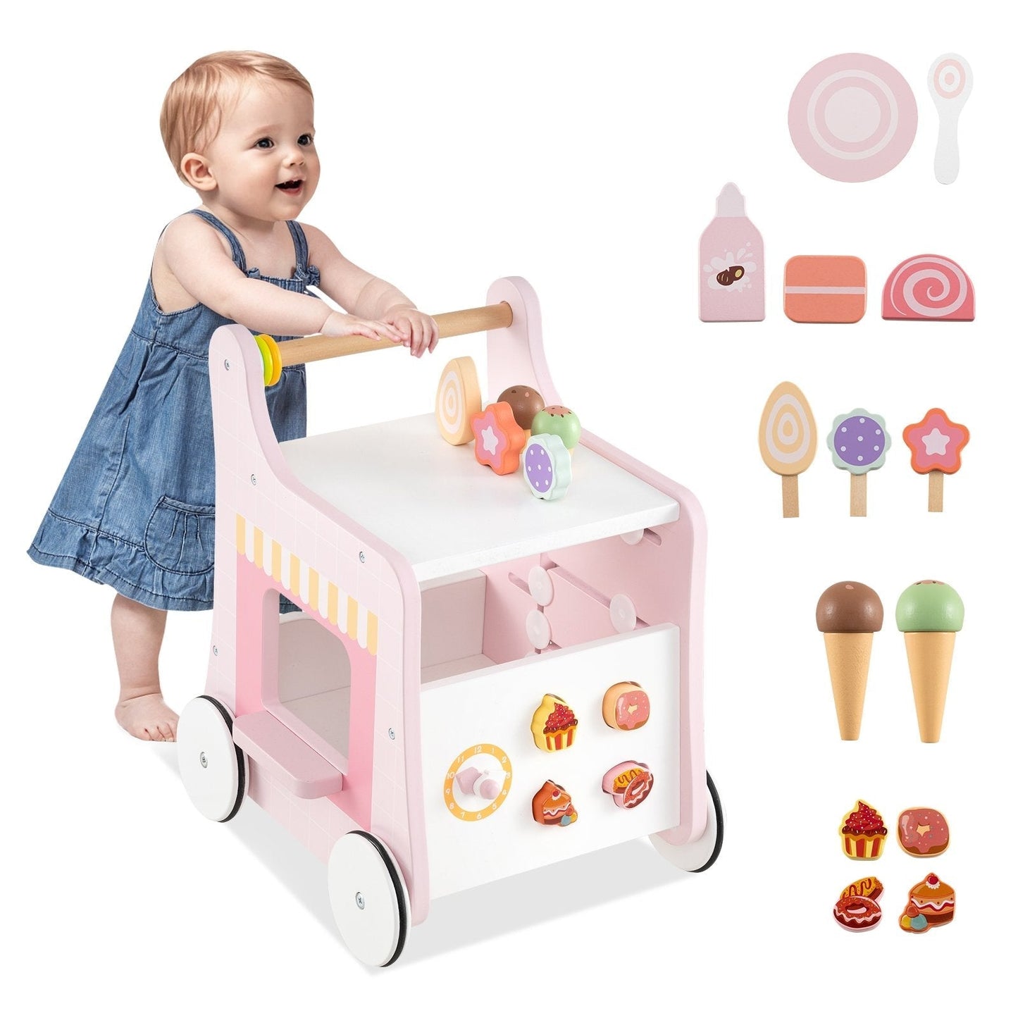 Multifunctional Ice Cream Cart Toy with Sweet Accessories and Smooth Wheels-Pink