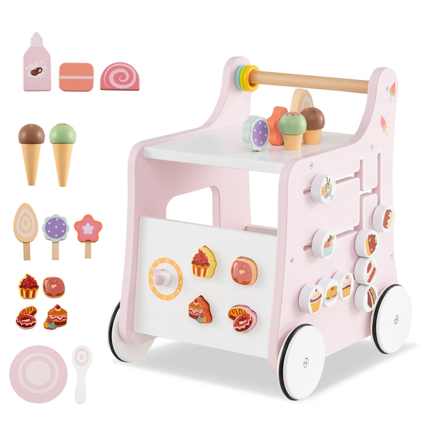 Multifunctional Ice Cream Cart Toy with Sweet Accessories and Smooth Wheels-Pink