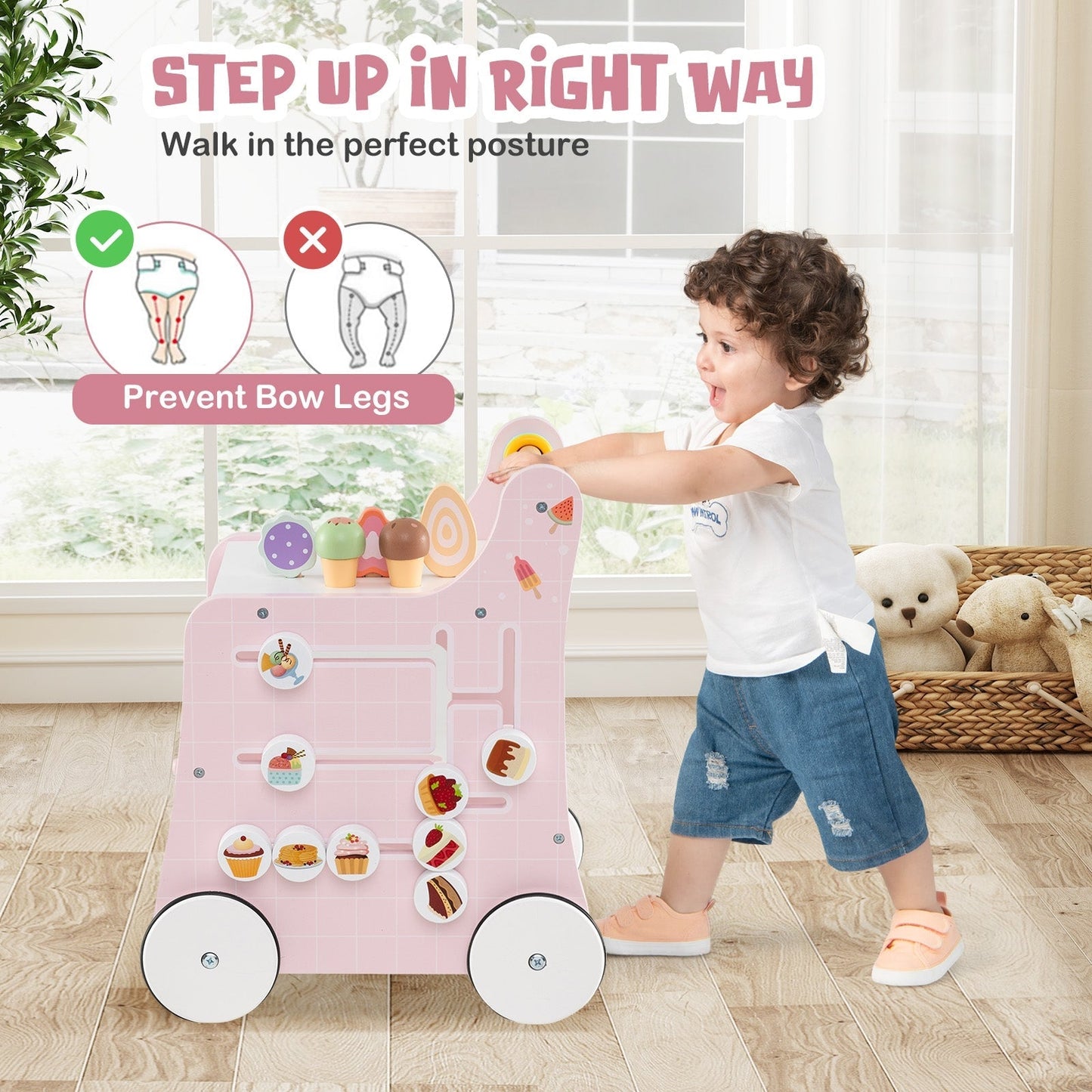 Multifunctional Ice Cream Cart Toy with Sweet Accessories and Smooth Wheels-Pink