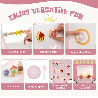 Multifunctional Ice Cream Cart Toy with Sweet Accessories and Smooth Wheels-Pink