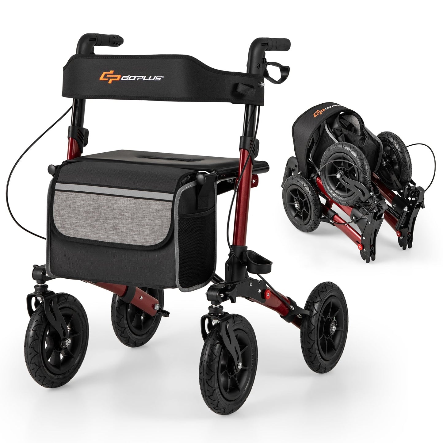 Walker for Seniors with Seat Folding Rollator Walker with Pneumatic Tires-Red