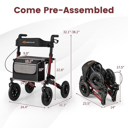 Walker for Seniors with Seat Folding Rollator Walker with Pneumatic Tires-Red