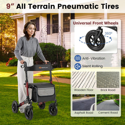 Walker for Seniors with Seat Folding Rollator Walker with Pneumatic Tires-Red