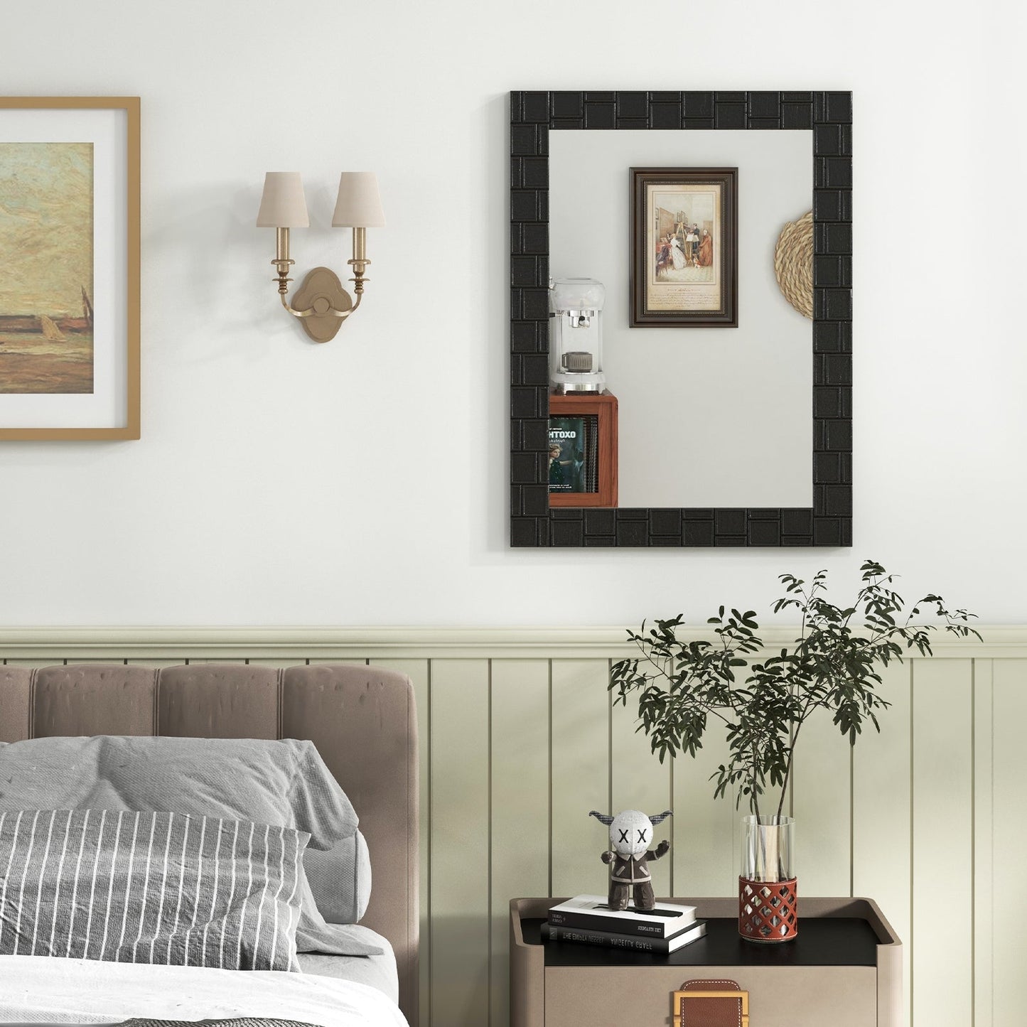 80 x 60 cm Wooden Framed Wall Mirror with Metal Hooks-Black