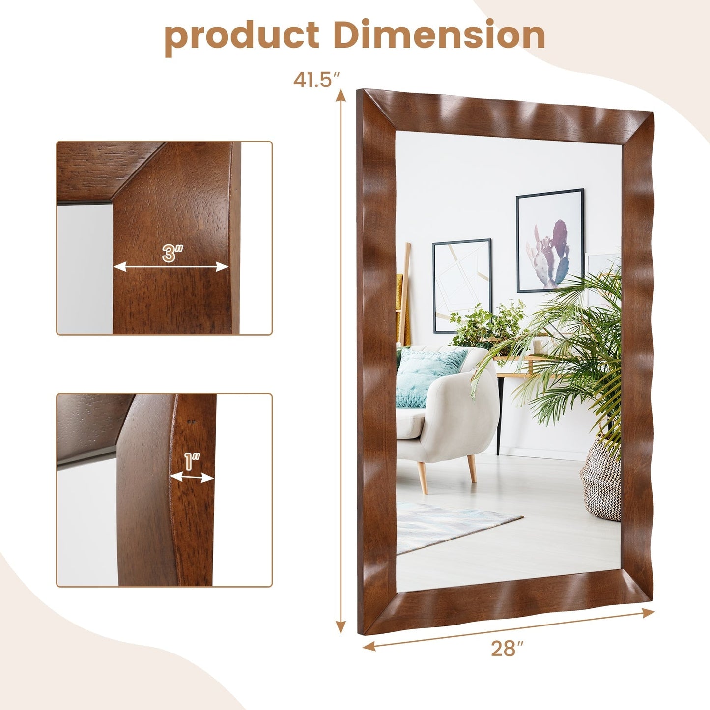 Farmhouse Wall Mirror Rubber Wood Rustic Style Wall Mirror-Brown