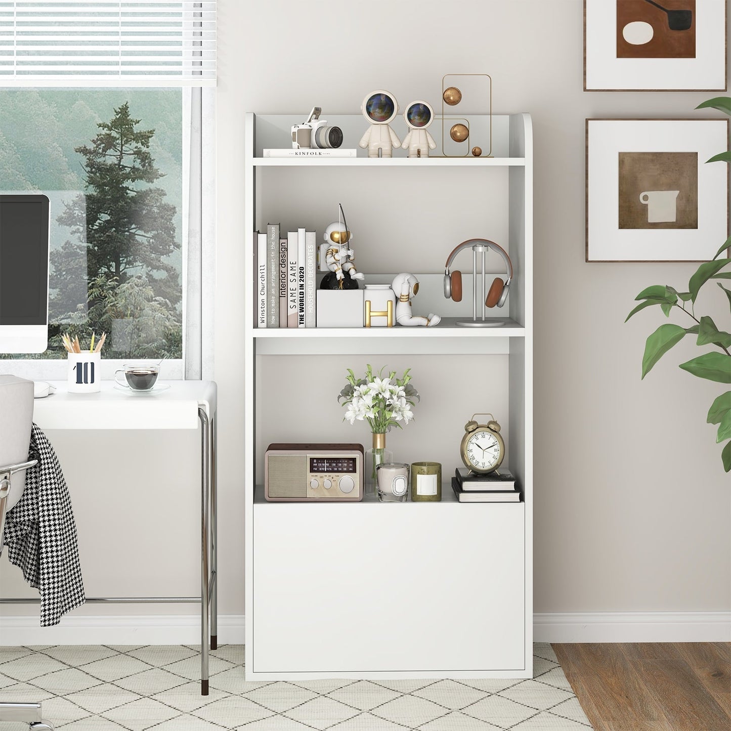 Bookcase with drawer, standing shelf with 2 compartments, wooden office shelf 55 x 29 x 105 cm, white