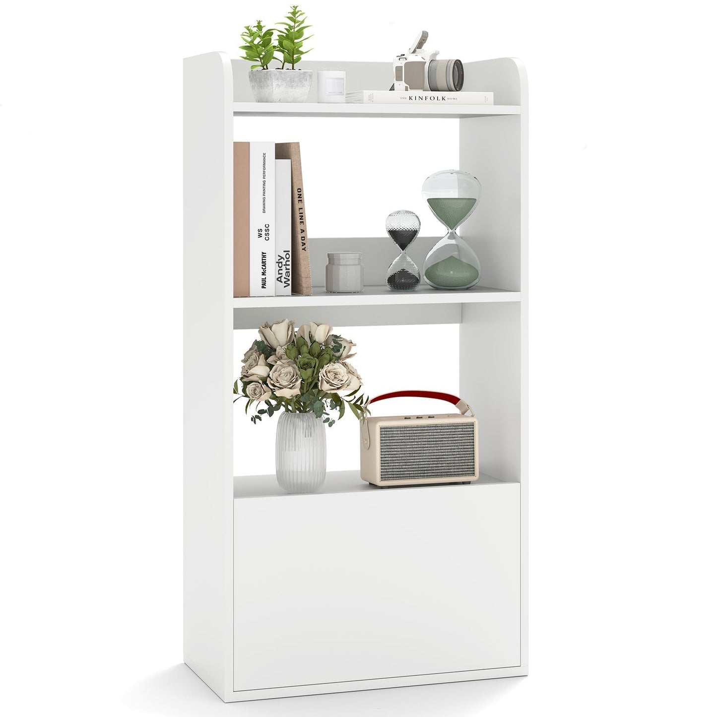 Bookcase with drawer, standing shelf with 2 compartments, wooden office shelf 55 x 29 x 105 cm, white