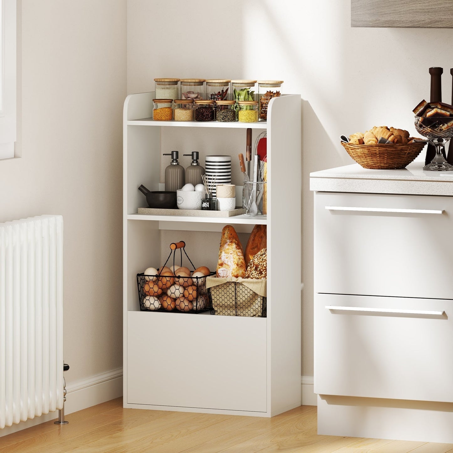 Bookcase with drawer, standing shelf with 2 compartments, wooden office shelf 55 x 29 x 105 cm, white