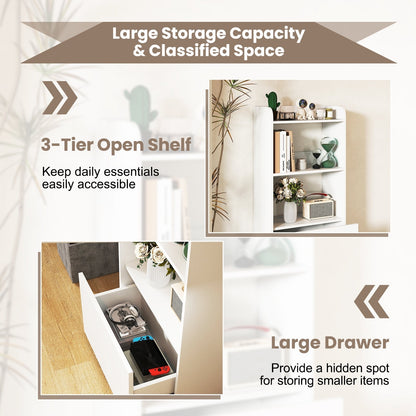 Bookcase with drawer, standing shelf with 2 compartments, wooden office shelf 55 x 29 x 105 cm, white