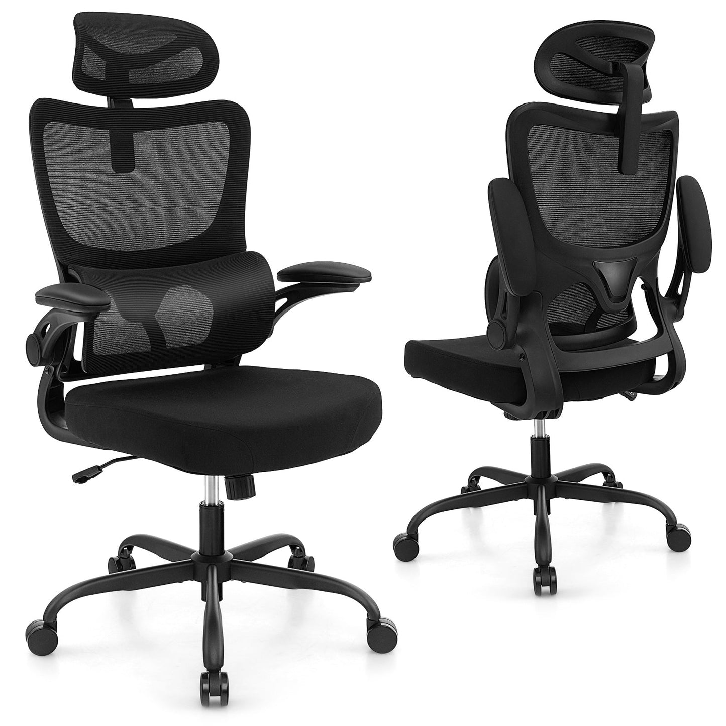 Mesh Office Chair with Adaptive Lumbar Support, Flip-up Armrests, Reclining Backrest-Black