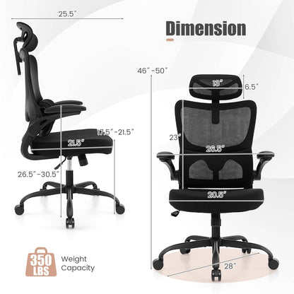 Mesh Office Chair with Adaptive Lumbar Support, Flip-up Armrests, Reclining Backrest-Black