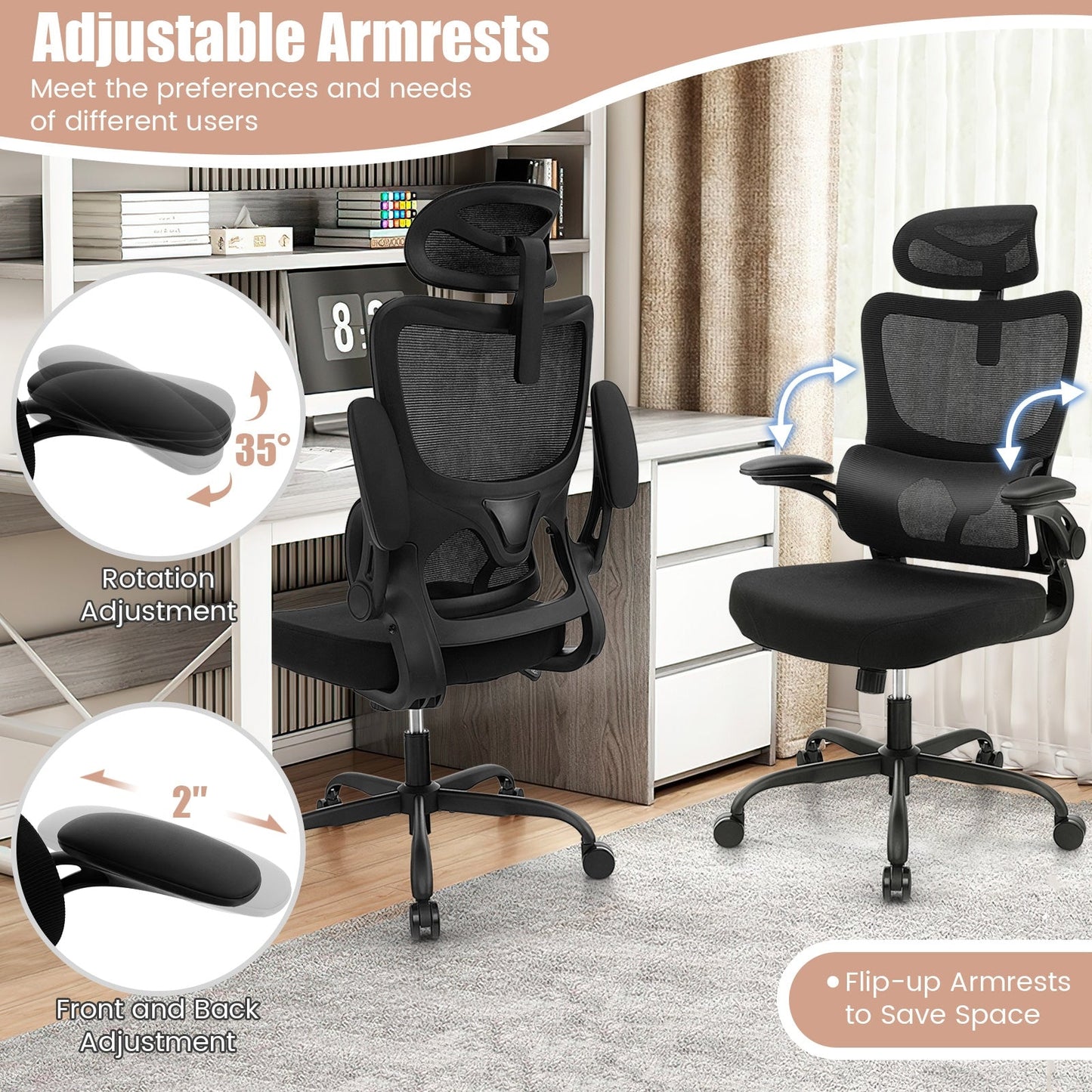 Mesh Office Chair with Adaptive Lumbar Support, Flip-up Armrests, Reclining Backrest-Black