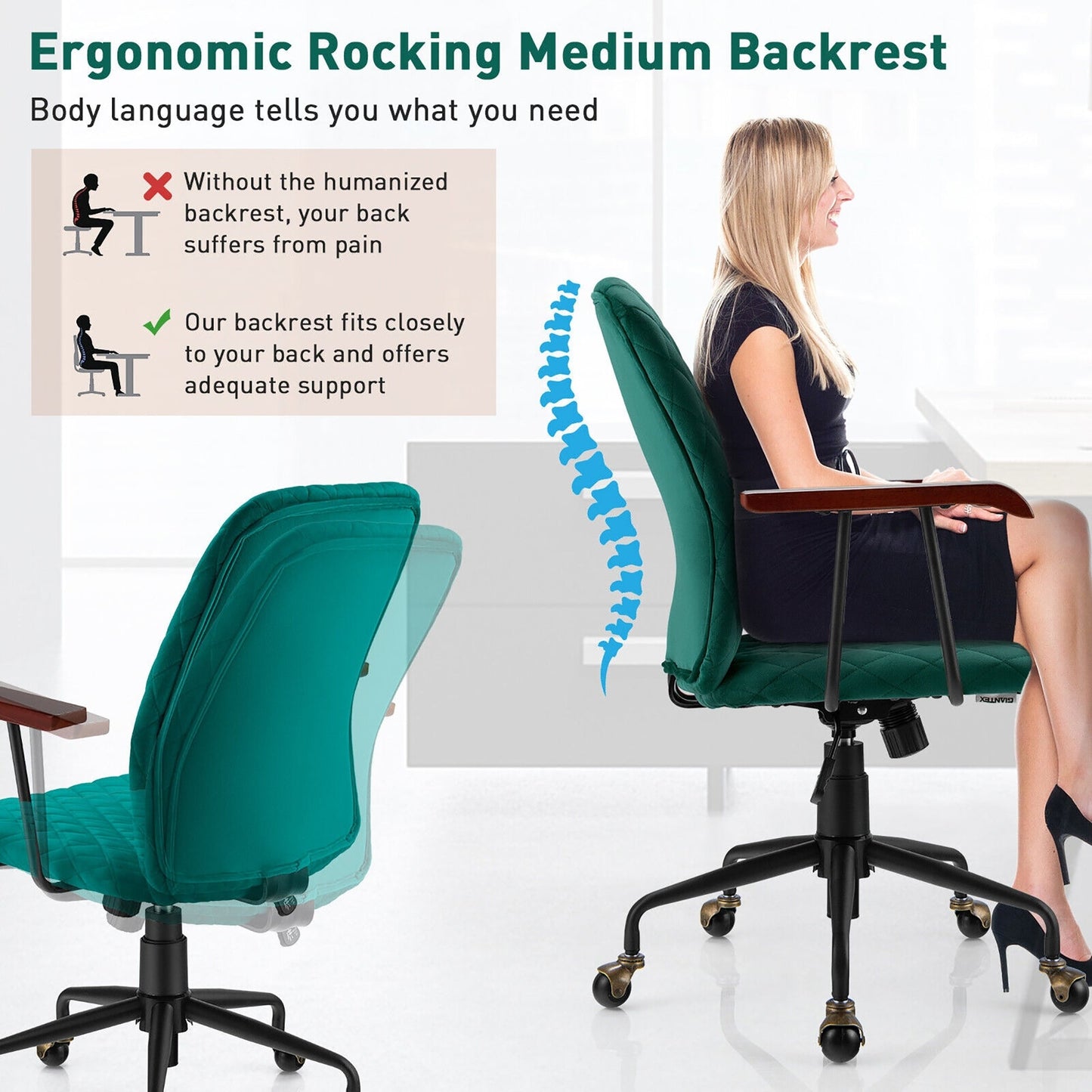 Retro Swivel Velvet Computer Desk Chair with Armrest for Home &amp; Office-Green