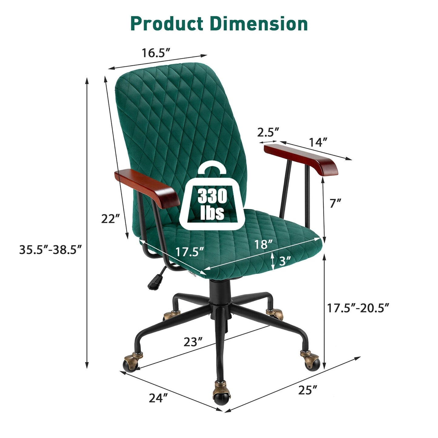 Retro Swivel Velvet Computer Desk Chair with Armrest for Home &amp; Office-Green