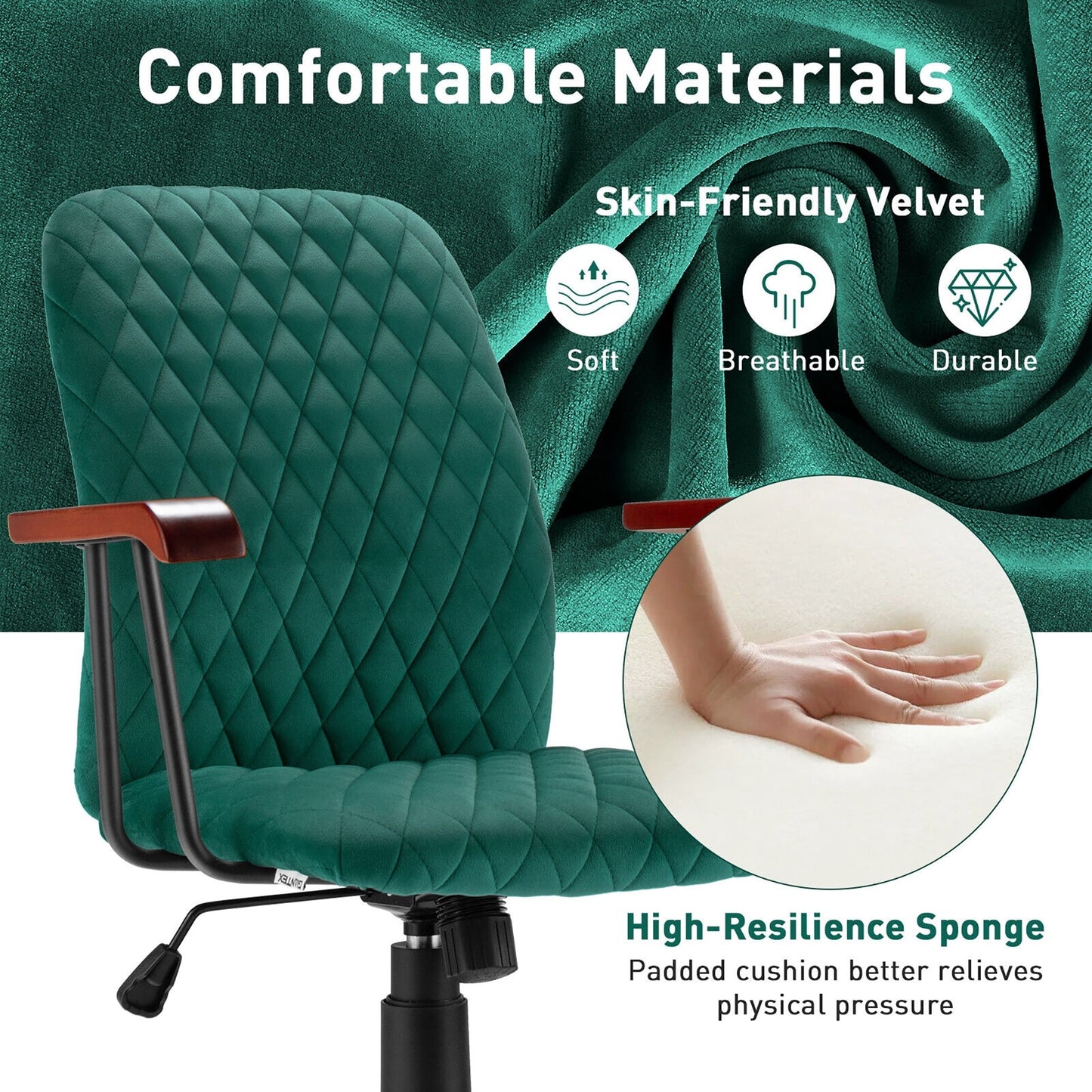 Retro Swivel Velvet Computer Desk Chair with Armrest for Home &amp; Office-Green