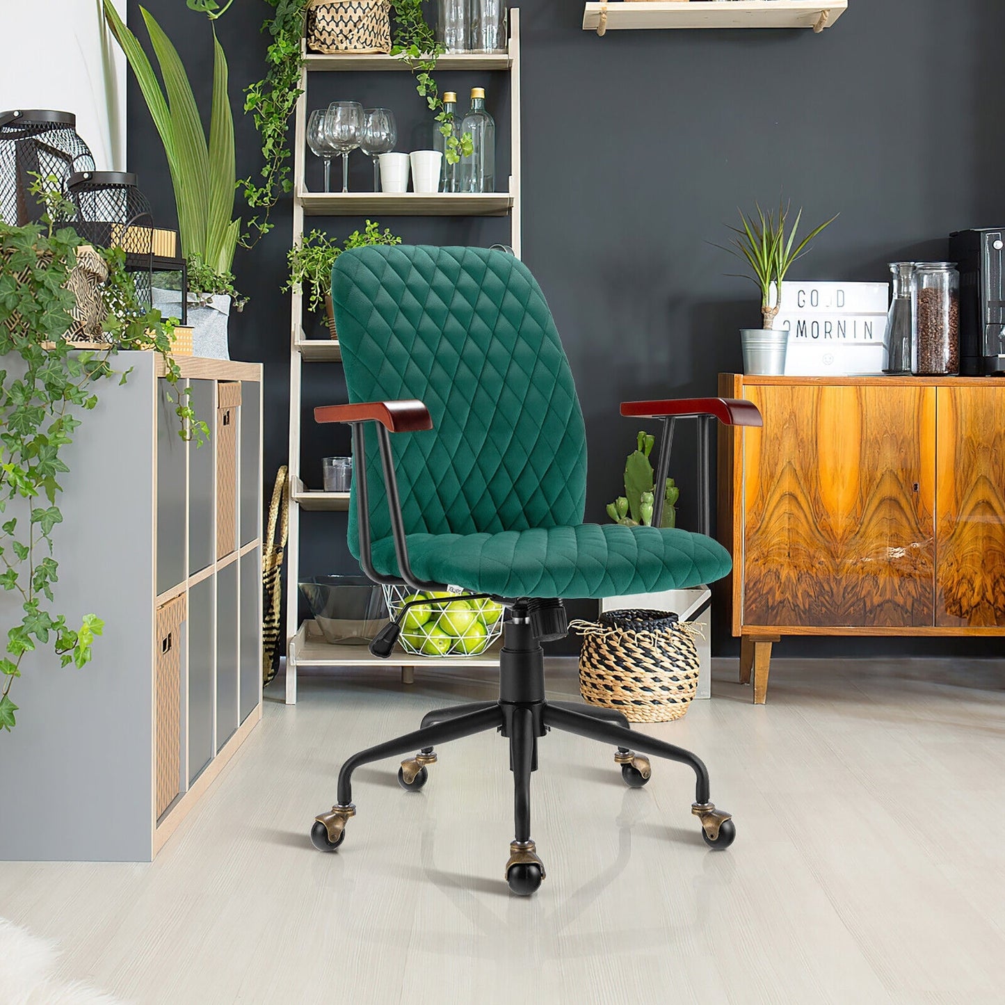 Retro Swivel Velvet Computer Desk Chair with Armrest for Home &amp; Office-Green