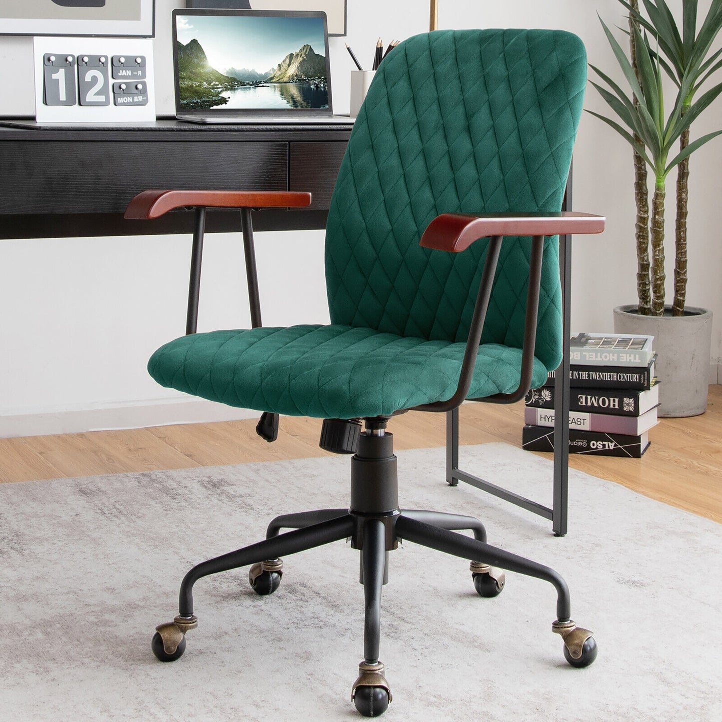 Retro Swivel Velvet Computer Desk Chair with Armrest for Home &amp; Office-Green