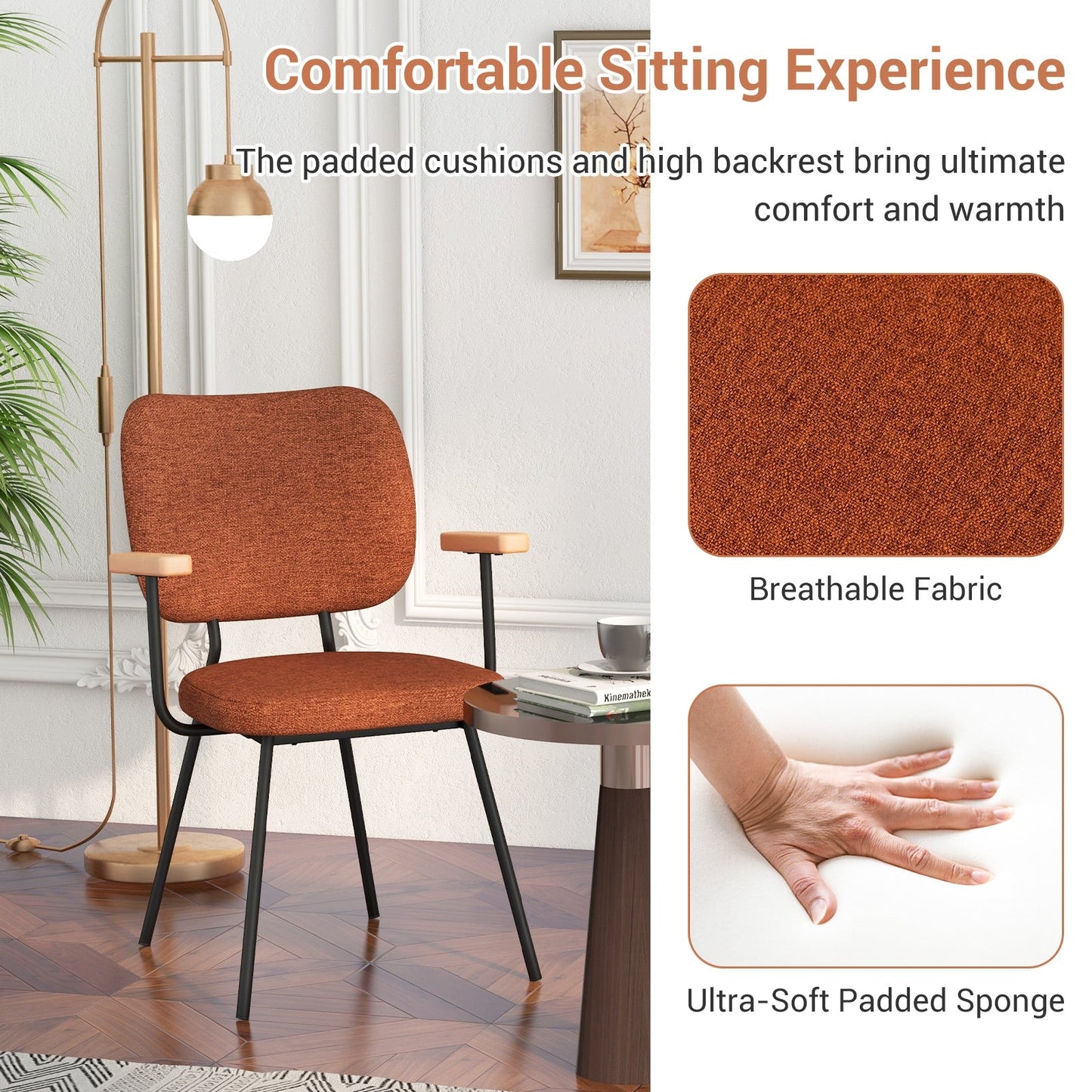 Set of 2 Modern Fabric Dining Chairs with Armrest and Curved Backrest-Orange