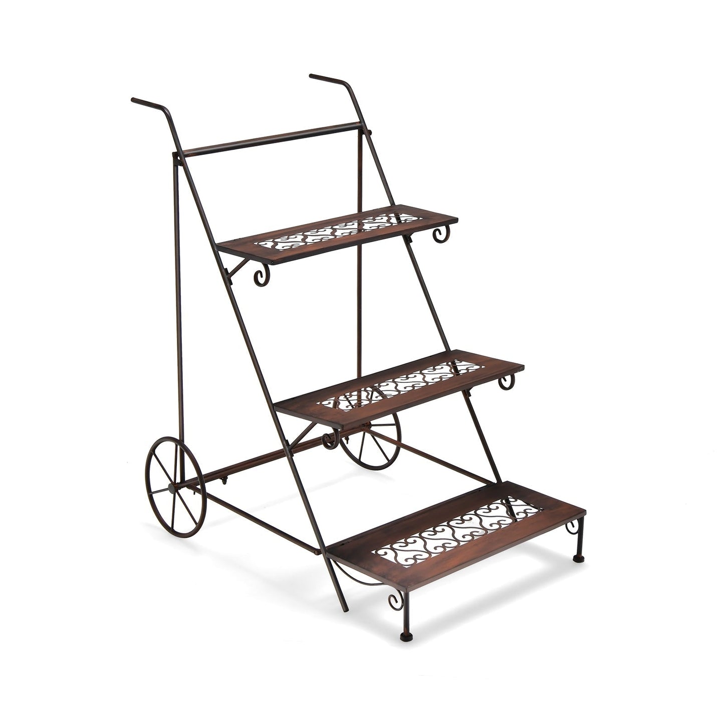 3-Tier Ladder Shaped Metal Plant Stand with Wheels and Handle