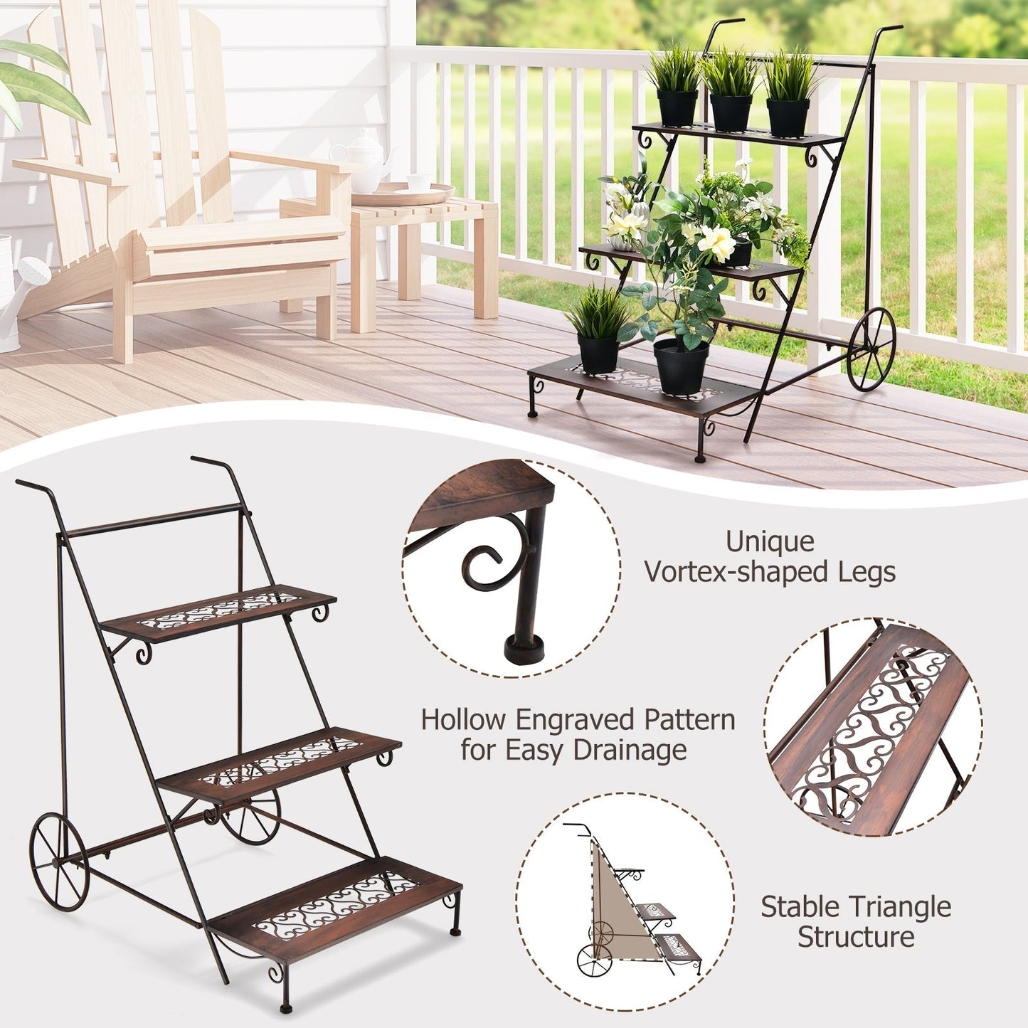 3-Tier Ladder Shaped Metal Plant Stand with Wheels and Handle