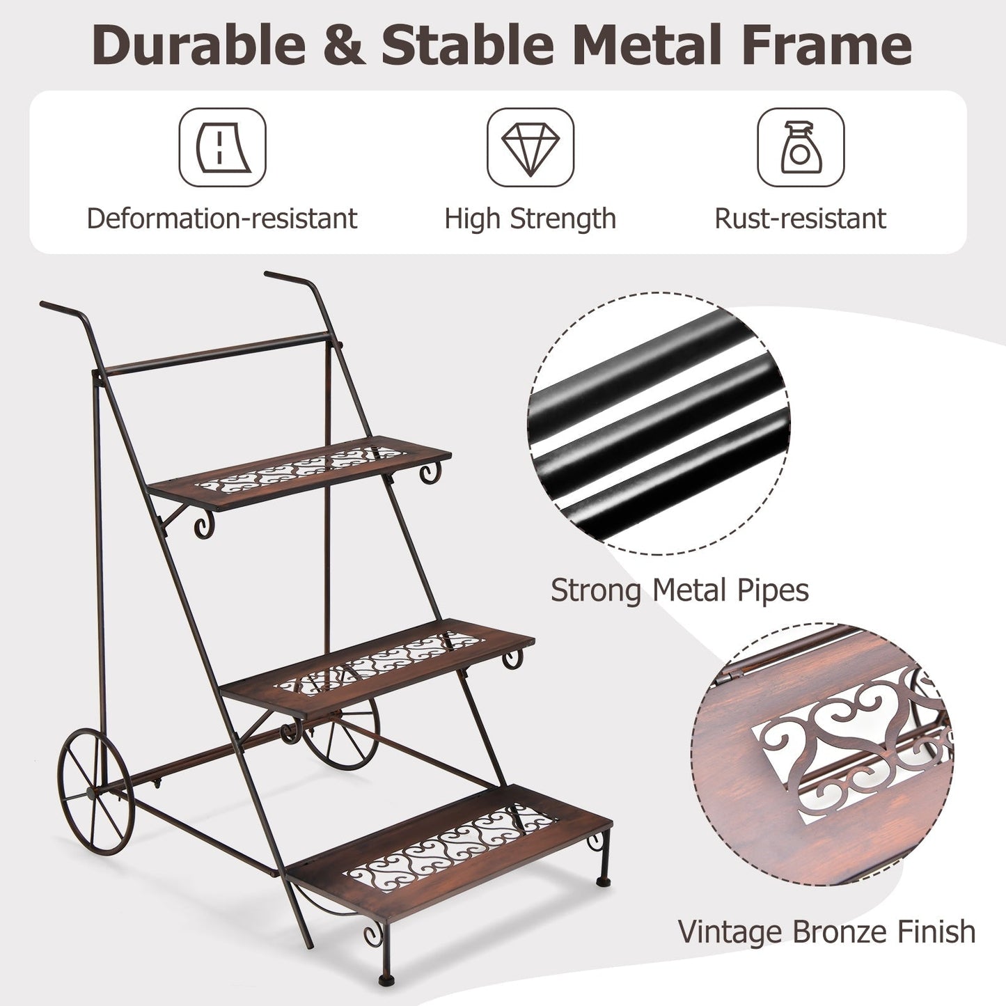 3-Tier Ladder Shaped Metal Plant Stand with Wheels and Handle