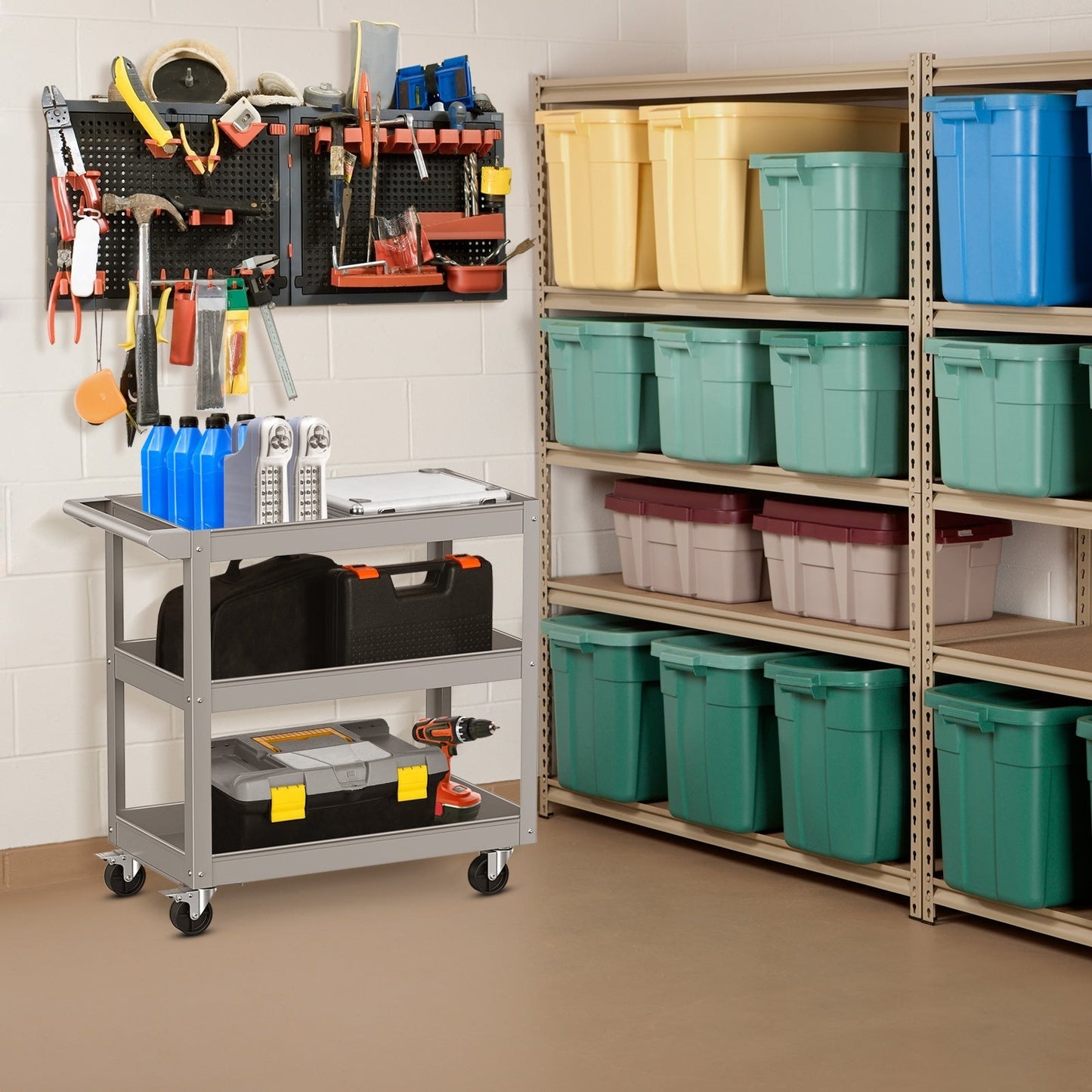 3-Tier Tool Trolley with Handle and Lockable Wheels-Grey