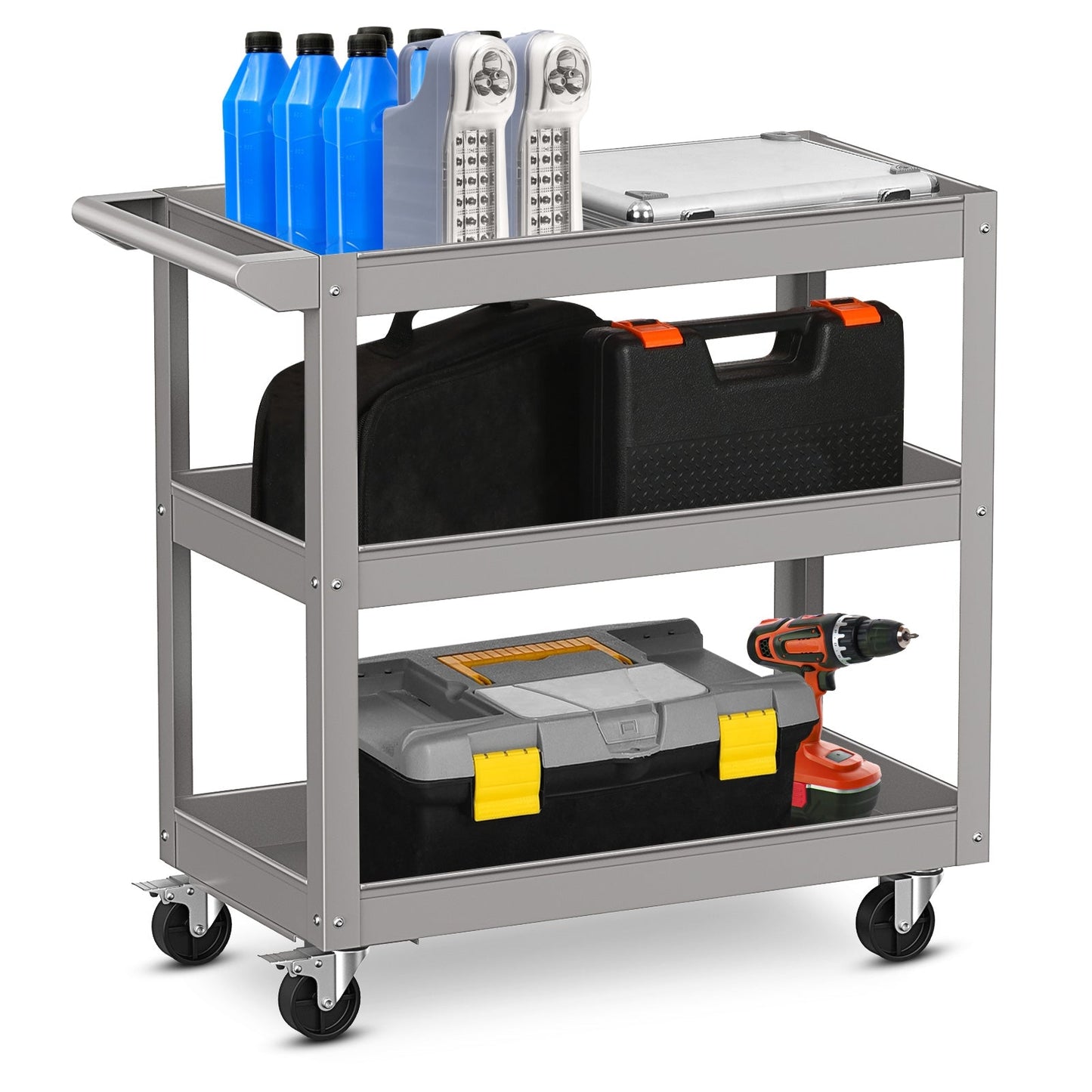 3-Tier Tool Trolley with Handle and Lockable Wheels-Grey