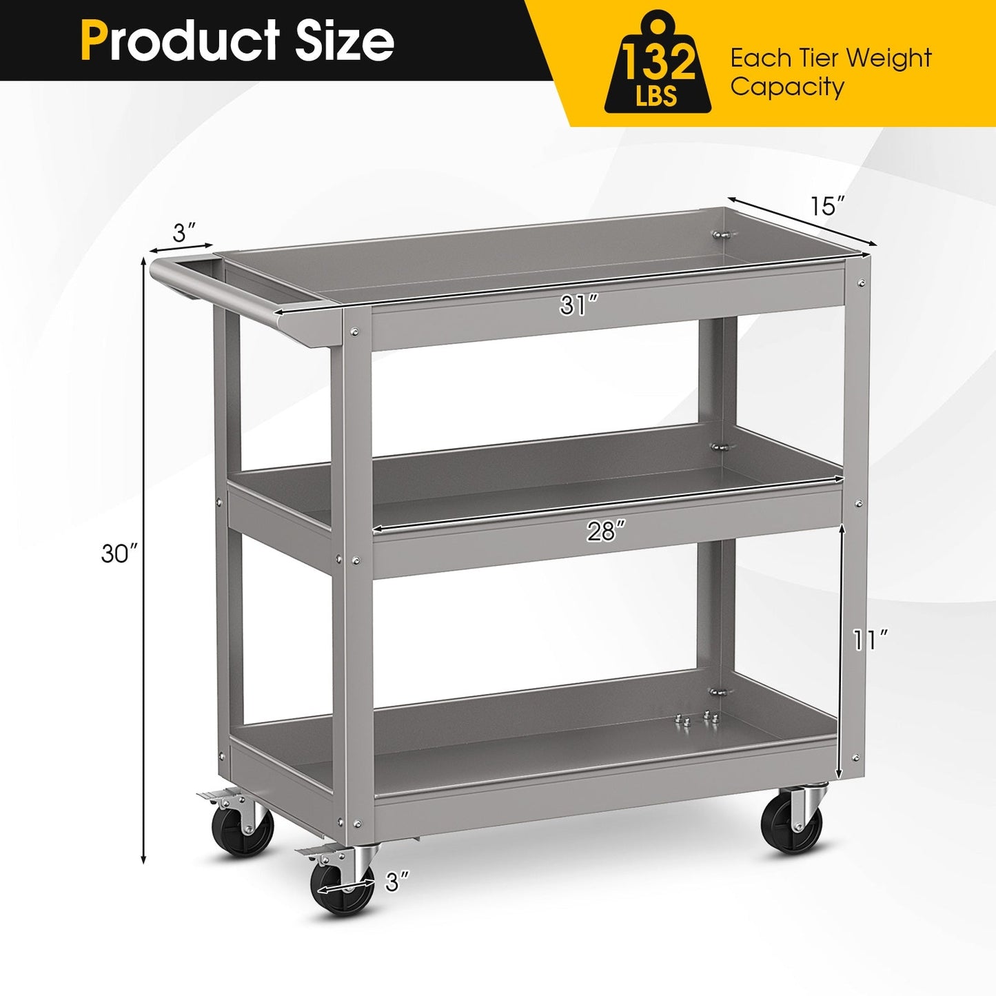 3-Tier Tool Trolley with Handle and Lockable Wheels-Grey