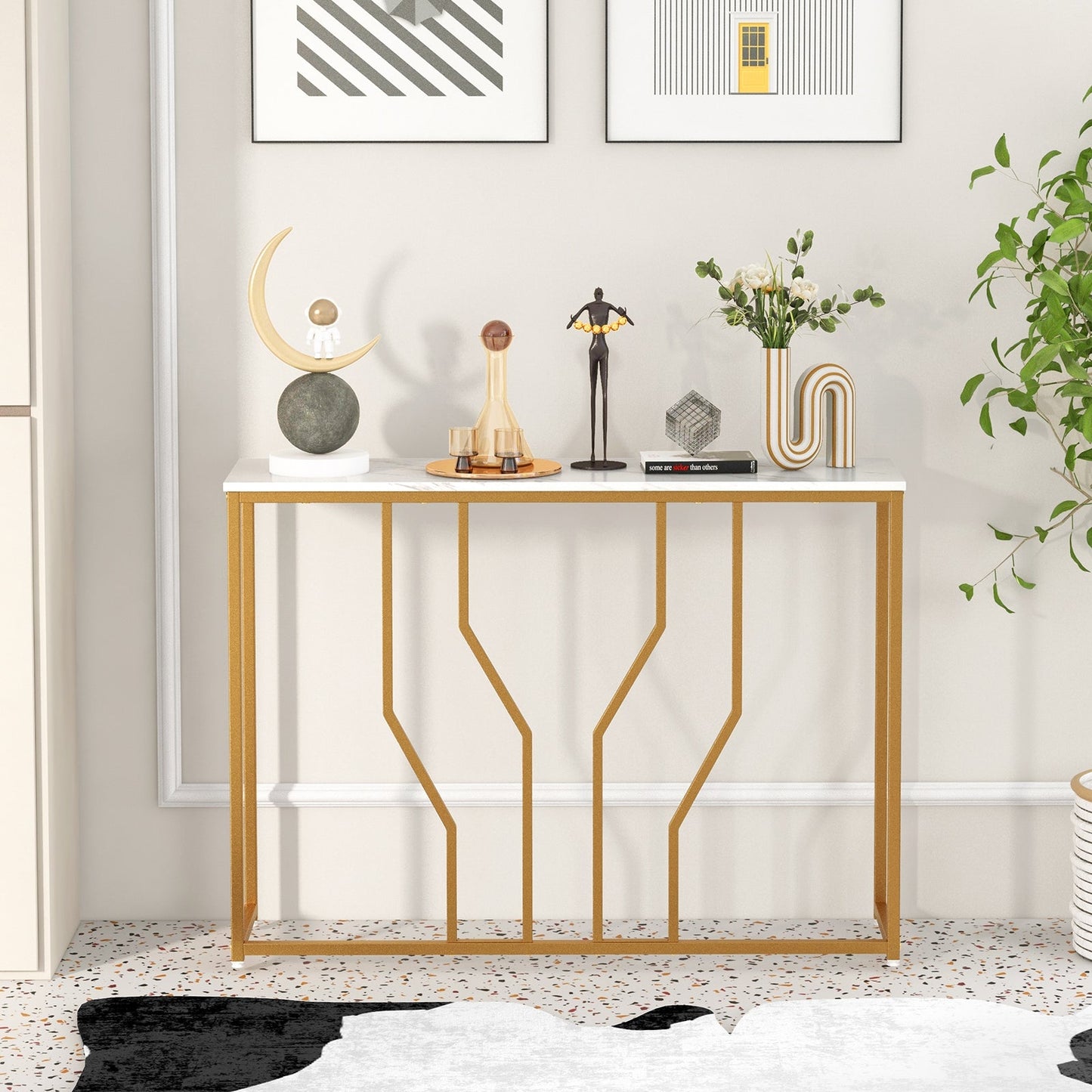 110 cm Gold Console Table Entryway Table with Faux Marble Tabletop-White &amp; Golden