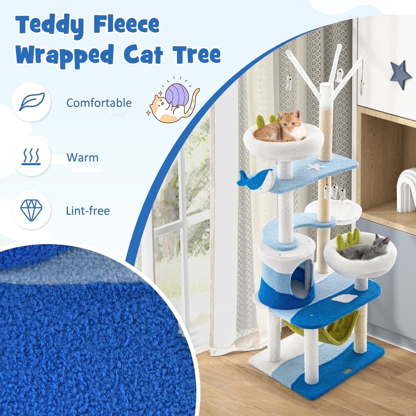 Multi-level Cat Tower with Sisal Covered Scratching Posts-Blue