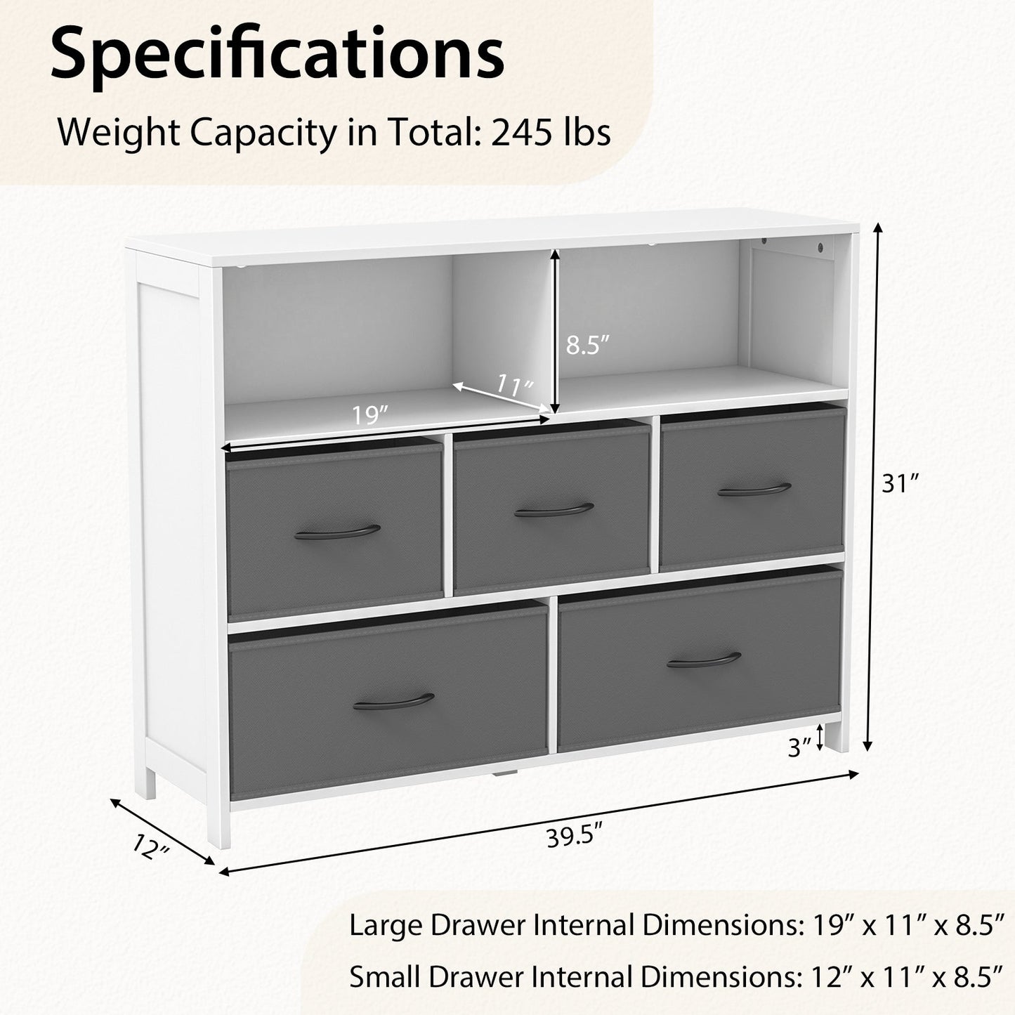 Fabric Dresser with 5 Drawers for Bedroom-White