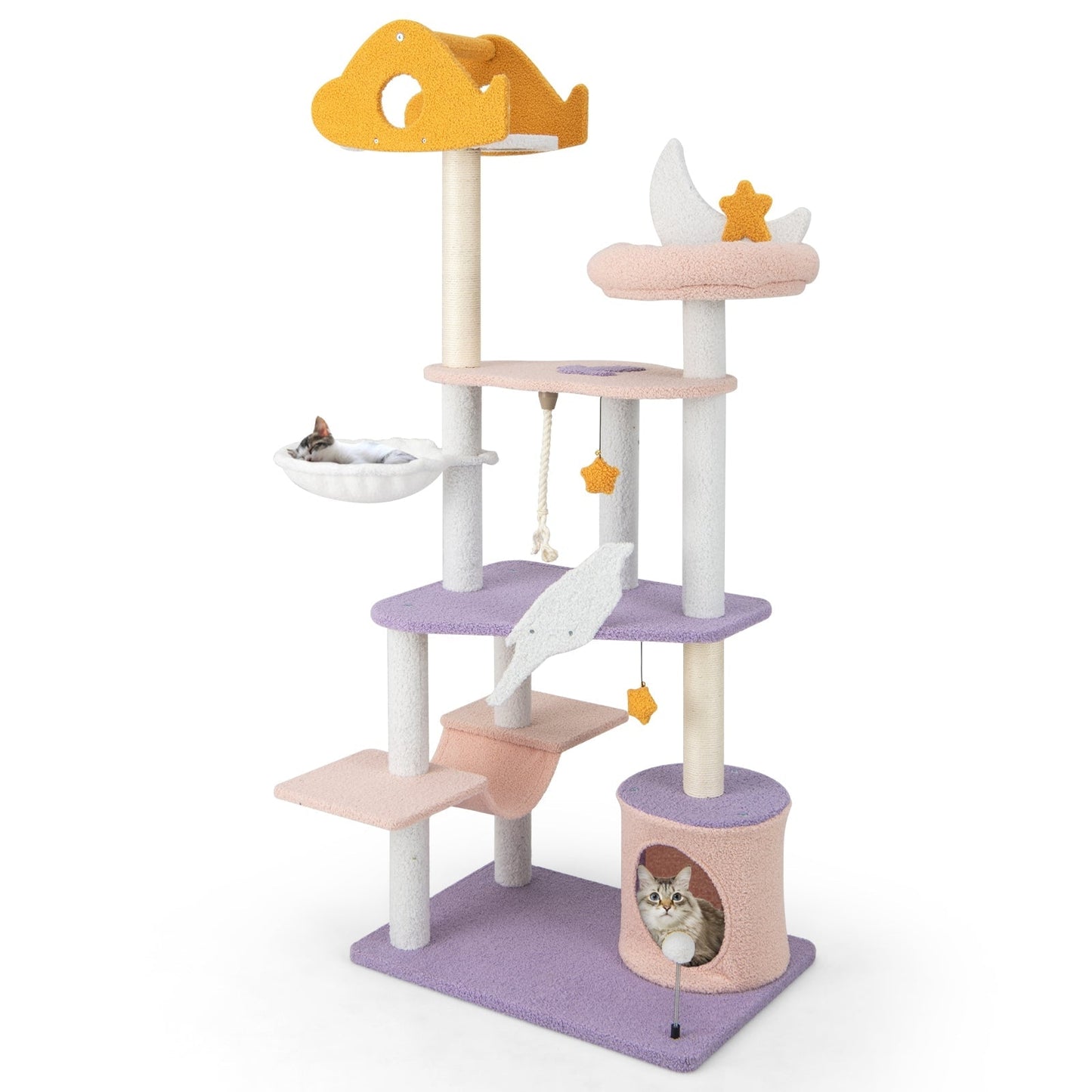 167 cm Multilevel Tall Cat Tower with Sisal Covered Scratching Posts-Purple