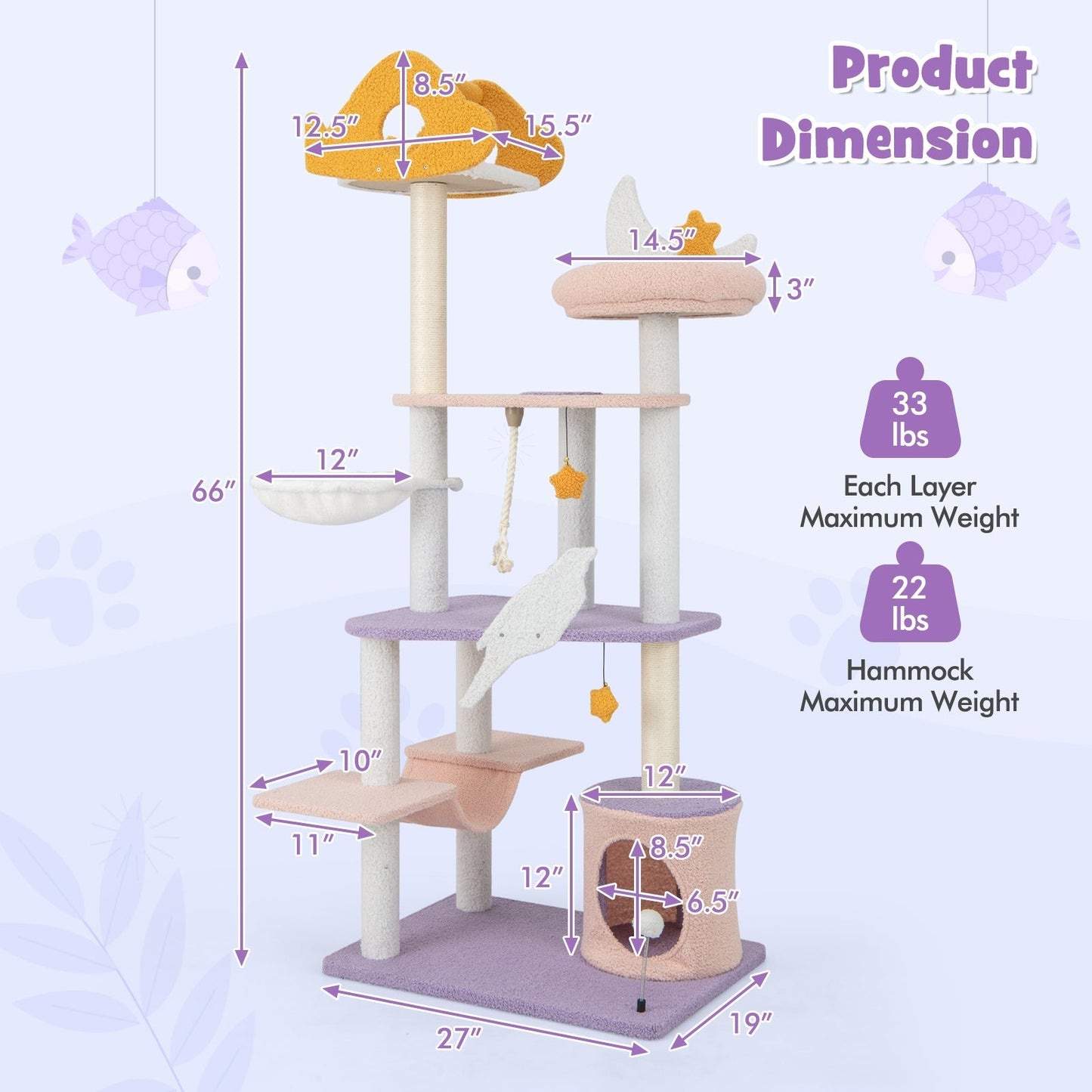 167 cm Multilevel Tall Cat Tower with Sisal Covered Scratching Posts-Purple