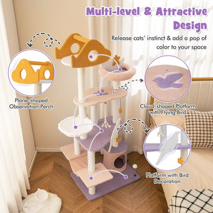167 cm Multilevel Tall Cat Tower with Sisal Covered Scratching Posts-Purple