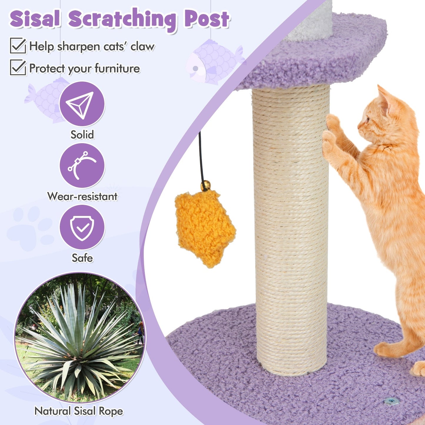 167 cm Multilevel Tall Cat Tower with Sisal Covered Scratching Posts-Purple
