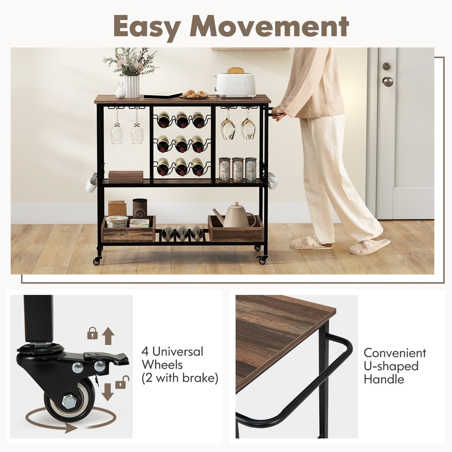 3 Tiers Bar Cart on Wheels with Glass Racks-Brown