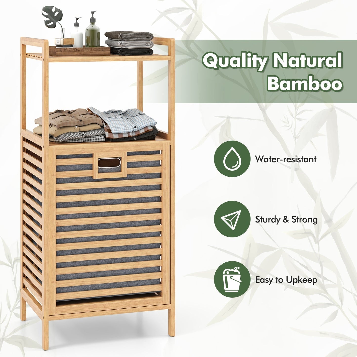 Tilt out Laundry Hamper with 2-Tier Storage Shelves-Natural