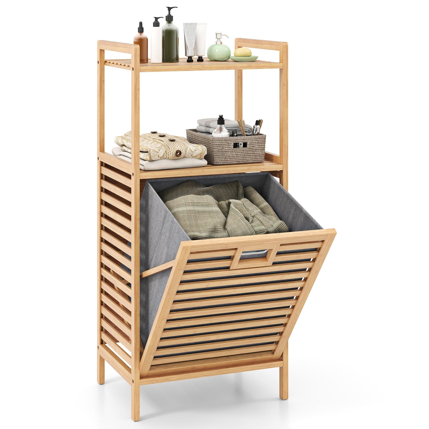 Tilt out Laundry Hamper with 2-Tier Storage Shelves-Natural