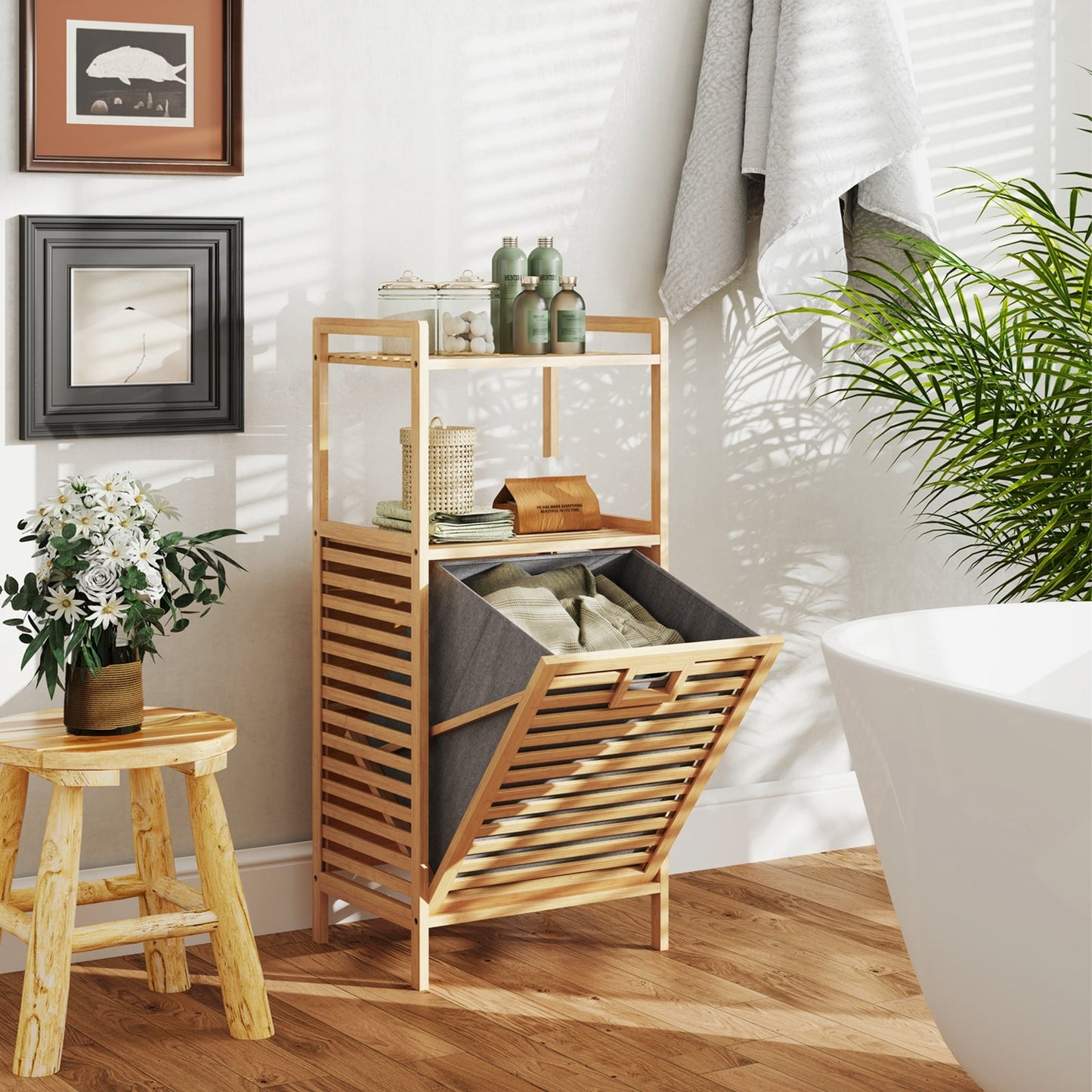 Tilt out Laundry Hamper with 2-Tier Storage Shelves-Natural