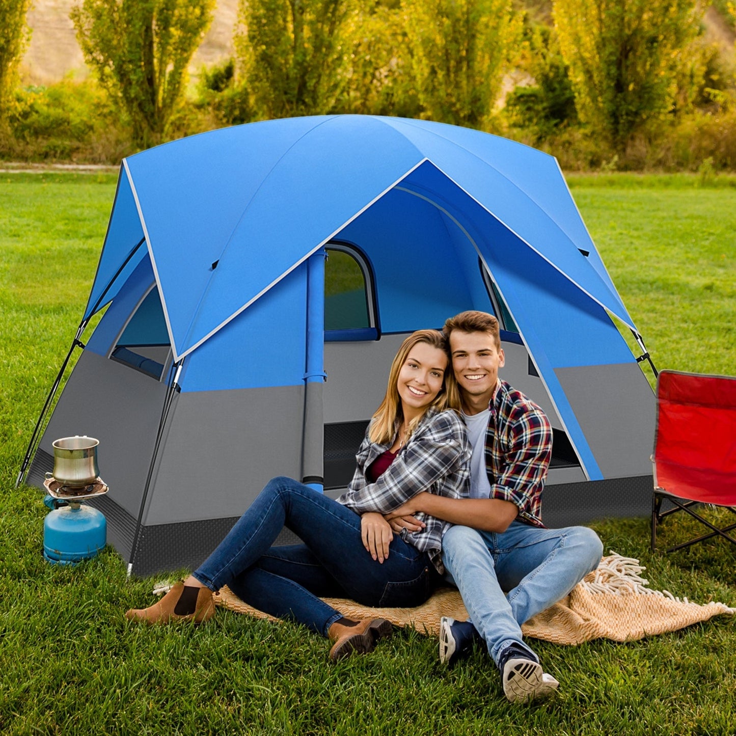 3-Person Outdoor Camping Tent with Removable Floor Mat-Black &amp; Blue