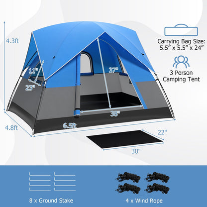 3-Person Outdoor Camping Tent with Removable Floor Mat-Black &amp; Blue